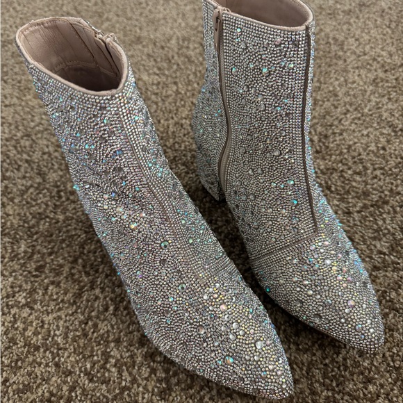 YAYONE Rhinestone Zipper Sparkly Ankle Boots Silver Glitter Chunky Heel Women - Picture 4 of 8